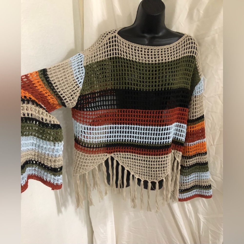 Fringed Crochet mesh striped colorblock boho bell sleeve top size large new